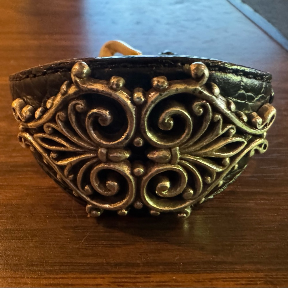 Retired Brighton Deco Black Leather Ornate Silver Bracelet